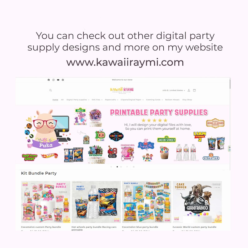 Op de afbeelding: Een schermafbeelding van een website die afdrukbare feestbenodigdheden voor kinderfeestjes toont. De website biedt een verscheidenheid aan thema's, waaronder Cocomelon, Hot Wheels, Jurassic World en meer. De website bevat ook een sectie voor feestpakketten, die een verscheidenheid aan artikelen bevatten zoals banners, cupcake-toppers en waterfleslabels.