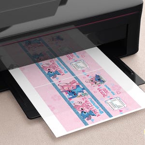 May include: Printable party favor boxes featuring Stitch and Angel from Disney's Lilo & Stitch. The boxes are pink with blue and white accents. The text on the boxes reads "Happy Birthday Kaitlyn's" and "Thank you for coming!"