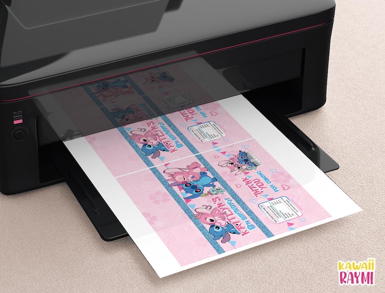 May include: Printable party favor boxes featuring Stitch and Angel from Disney's Lilo & Stitch. The boxes are pink with blue and white accents. The text on the boxes reads "Happy Birthday Kaitlyn's" and "Thank you for coming!"