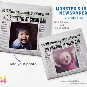 Op de afbeelding: Een digitaal bestand van een krant met de kop "Monstropolis Horn: Kind gezien bij sushibar". De krant is een mock-up met een foto van een kind in de linkerbovenhoek en een foto van een cartoonmonster in de rechterbenedenhoek. De tekst "Stay Calm" staat tussen aanhalingstekens en de tekst "Pleads Mayor" eronder. De tekst "Square Mile Evacuated Around Toxic Site" staat onder de foto's. De krant is een digitaal bestand dat kan worden afgedrukt in 21,6 x 27,9 cm of 27,9 x 43,2 cm.