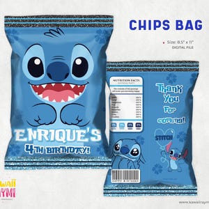 May include: A blue and white printable chip bag template featuring Stitch from Lilo & Stitch. The bag is decorated with blue glitter and has the text "Enrique's 4th Birthday!" and "Thank You For Coming!"