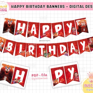 Turning red happy birthday banner, banner flags turning red, digital file instant download