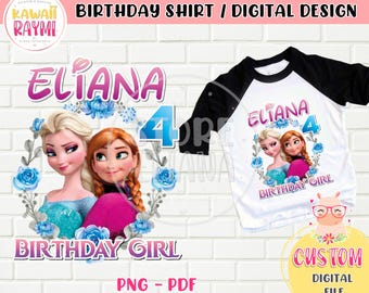 Puede incluir: Un diseño digital para una camiseta de cumpleaños con una camiseta blanca con mangas negras. El diseño incluye una corona de flores con dos chicas de dibujos animados, el texto "Eliana" y el número "4", y las palabras "Birthday Girl".