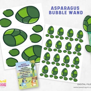 May include: Printable craft activity for kids featuring an asparagus bubble wand and a set of asparagus pieces to cut out and use as a game. The text on the page reads "Magic Asparagus This magic asparagus is able to turn people into all kinds of different animals!"