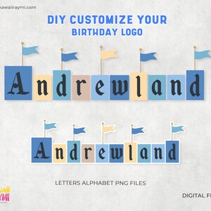 Puede incluir: Logo de cumpleaños personalizable DIY con el nombre Andrewland. El logo presenta un diseño de castillo con bloques y banderas azules, beige y amarillas.
