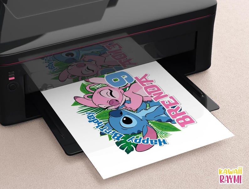 May include: A printable design featuring Stitch and Angel from Lilo & Stitch. The design includes the text "Happy Birthday" and a pink and blue colour scheme.