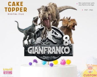 May include: A printable cake topper featuring a Jurassic Park theme with dinosaurs, a logo, and the name Gianfranco. The topper is in PDF and PNG format.
