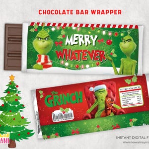 Puede incluir: Dos envoltorios de barras de chocolate con diseños del Grinch. Un envoltorio dice "MERRY WHATEVER" con el Grinch. El otro envoltorio dice "The GRINCH" con el Grinch y Max. Un árbol de Navidad verde está a la izquierda.