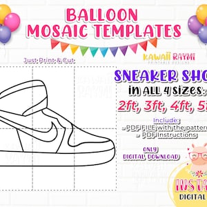 Puede incluir: Plantilla de descarga digital para un mosaico de globos con forma de zapatilla deportiva, disponible en cuatro tamaños: 61 cm, 91 cm, 122 cm y 152 cm. El diseño incluye un archivo PDF con el patrón y las instrucciones. La imagen muestra un contorno en blanco y negro de una zapatilla alta.