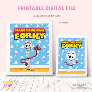 Puede incluir: Archivo digital imprimible de dos diseños con el personaje Forky de la película Toy Story 4. Los diseños incluyen el texto "Make Your Own Forky" y una imagen de dibujos animados de Forky. Los diseños están disponibles en dos tamaños: 8x10 pulgadas y 5x7 pulgadas.