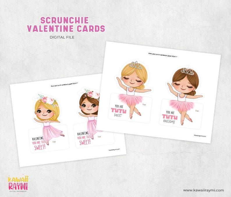 Scrunchie valentine cards, you are tutu sweet printable valentine's day, ballerina valentine cards image 2