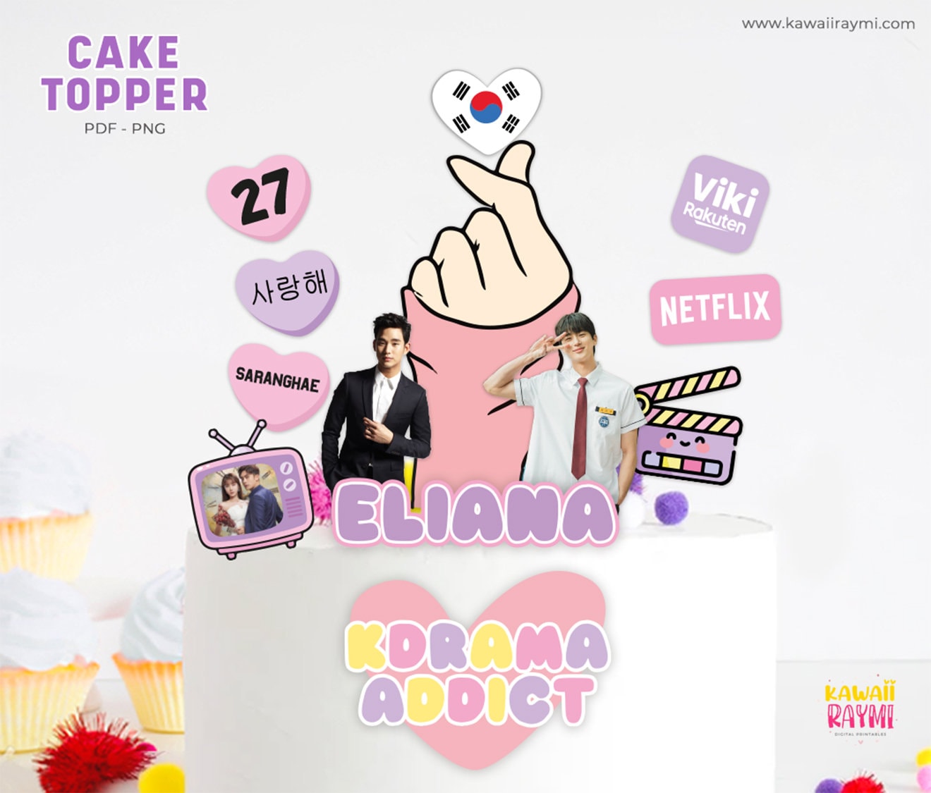 Kdrama addict cake topper, kdrama lover custom cake topper-digital file