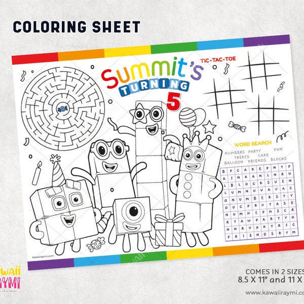 Numberblocks custom coloring sheets, birthday party activity sheets