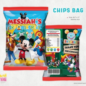 May include: Printable chip bag template featuring Mickey Mouse, Donald Duck, and Goofy. The bag is red and blue with the text "MESSIAH'S 2ND BIRTHDAY" and "OH TOODLES THANK YOU FOR COMING".