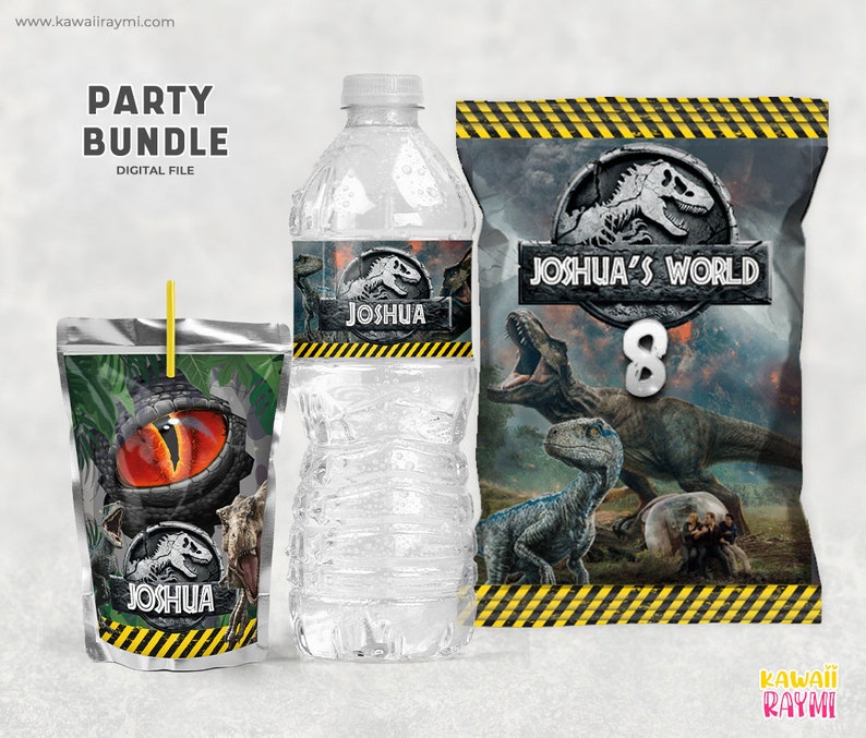May include: A party bundle featuring a water bottle, juice box, and a snack bag with Jurassic World themed designs. The labels are personalized with the name "Joshua" and the number "8".