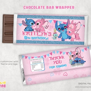 Puede incluir: Envoltorio de barra de chocolate rosa y azul con Stitch y Angel de Lilo & Stitch. El envoltorio dice "Kaitlyn's 9th Birthday!" y "Thank You For Coming".