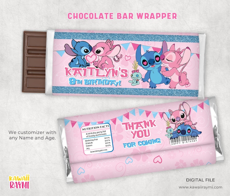 May include: Pink and blue chocolate bar wrapper with Stitch and Angel from Lilo & Stitch. The wrapper says "Kaitlyn's 9th Birthday!" and "Thank You For Coming".