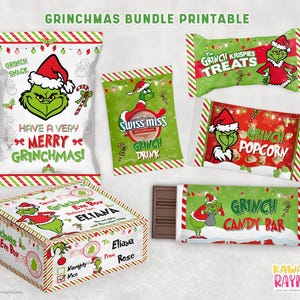 Könnte beinhalten: Eine Sammlung von druckbaren Lebensmittelverpackungen zum Thema Grinch, darunter Snackbeutel, Schokoriegelverpackungen und eine Geschenkbox. Die Designs zeigen die Grinch-Figur mit einem Weihnachtsmannhut, mit Text wie "Grinchmas" und "Merry Grinchmas".