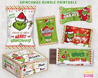 May include: A collection of Grinch-themed printable food packaging, including snack bags, candy bar wrappers, and a gift box. The designs feature the Grinch character in a Santa hat, with text like "Grinchmas" and "Merry Grinchmas."