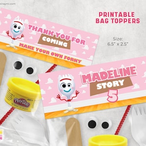 May include: Printable bag toppers featuring a pink and brown design with a cartoon character resembling Forky from the movie Toy Story. The text "Thank You For Coming Make Your Own Forky" and "Madeline Story 5" are included on the toppers. The toppers are 6.5 inches by 2.5 inches.