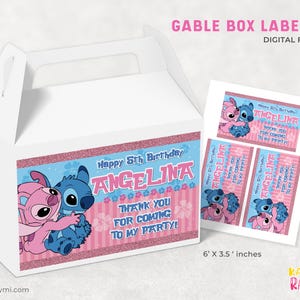 May include: Printable gable box labels featuring Stitch and Angel from Lilo & Stitch. The labels are pink and blue with glitter accents and say "Happy 5th Birthday Angelina" and "Thank you for coming to my party!" The labels are 6 inches by 3.5 inches.