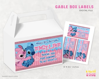 Stitch & Angel Gable Box label - custom digital file printable - Party Favor - DIGITAL FILE