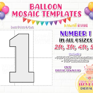 SQUARE Number 1, Balloon Mosaic Template, One Mosaic Number Template, Mosaic Numbers from Balloons, 2ft, 3ft, 4ft, 5ft, Digital Download