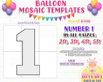 SQUARE Number 1, Balloon Mosaic Template, One Mosaic Number Template, Mosaic Numbers from Balloons, 2ft, 3ft, 4ft, 5ft, Digital Download