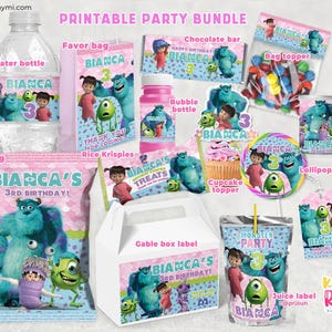 Könnte beinhalten: Ein druckbares Party-Bundle mit verschiedenen Artikeln wie einer Wasserflasche, einer Geschenktüte und einer Chipstüte, alle mit einem Cartoon-Thema. Das Design zeigt Charaktere, den Namen "Bianca" und die Zahl "3" auf einem rosa und blauen Hintergrund.