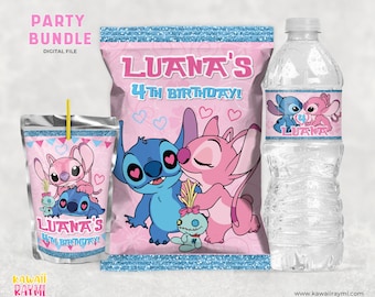Stitch & Angel - Birthday Party Bundle - Chip Bag ,capri sun, Water Bottle Labels -custom digital file
