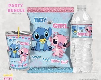 Baby Stitch & Angel Gender Reveal - Party Bundle - Chips Bag - Capri Sun labels - Water Bottle label- Digital file party favors, instant
