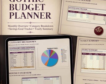 May include: A digital Gothic Budget Planner featuring a monthly overview, category breakdown, savings goal tracker, and yearly summary. The interface displays tables, a pie chart, and line graphs for financial tracking with dark purple text.