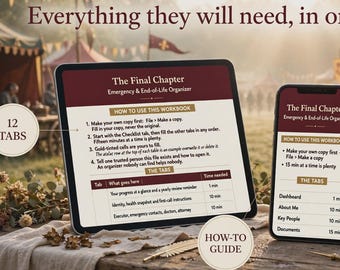 May include: A digital emergency and end-of-life organizer workbook displayed on a tablet and smartphone screen. The interface features a maroon and cream color scheme with text titled The Final Chapter, including instructions, tab lists, and time estimates for completion. The digital document is designed for Google Sheets and includes 12 tabs for organizing personal information, contacts, and legal documents, presented with a wax seal stamp on a wooden table.