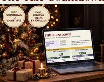 May include: A laptop displaying a digital Christmas countdown spreadsheet titled The Yule Countdown Grimoire. The screen shows data for days and hours until Christmas. The laptop sits on a wooden table with wrapped gifts and a lit candle.