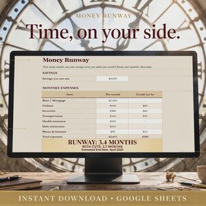 May include: A computer monitor displaying a Money Runway Google Sheets financial budget template. The screen shows columns for monthly expenses, savings, and runway calculations. Text includes "Time, on your side," "RUNWAY: 3.4 MONTHS," and "INSTANT DOWNLOAD."