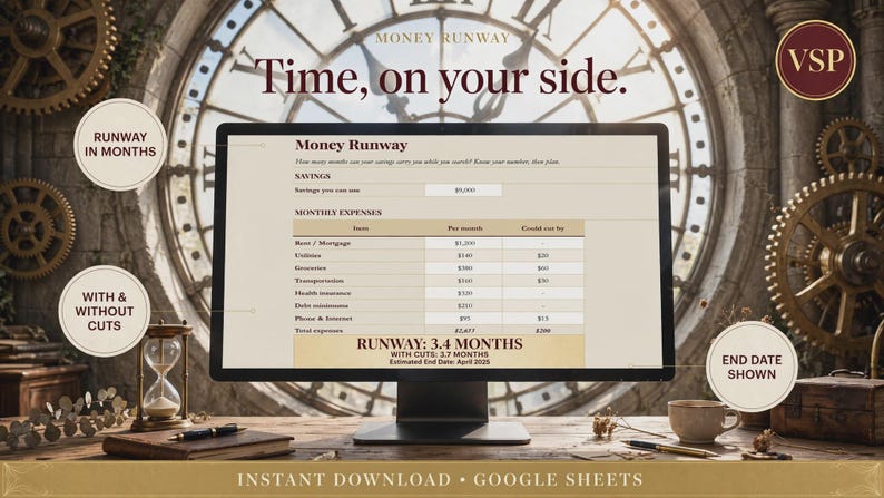 May include: A computer monitor displaying a Money Runway Google Sheets financial budget template. The screen shows columns for monthly expenses, savings, and runway calculations. Text includes "Time, on your side," "RUNWAY: 3.4 MONTHS," and "INSTANT DOWNLOAD."