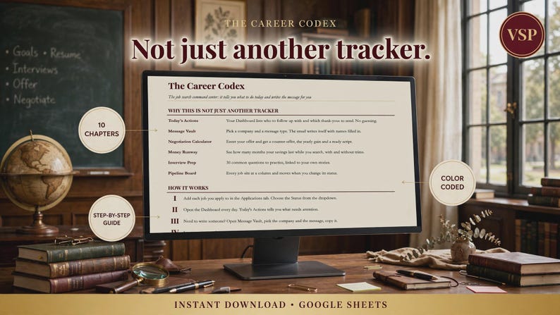 May include: A computer monitor displaying The Career Codex, a job search tracker in Google Sheets. The screen shows text sections titled Why This Is Not Just Another Tracker and How It Works, with callout circles labeled 10 Chapters, Step-by-Step Guide, and Color Coded.