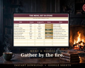 May include: A computer monitor displays a digital spreadsheet titled THE MENU, SET IN STONE with columns for Dish, Course, Assigned To, Status, and Notes. The screen shows rows of holiday meal items like roast turkey and cranberry sauce.