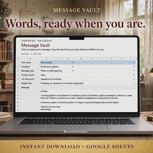 May include: A laptop screen displays a Message Vault Google Sheets template titled Chapter VIII The Scrolls. The interface includes fields for name, company, message type, contact, job title, and subject line, with a draft email message below.