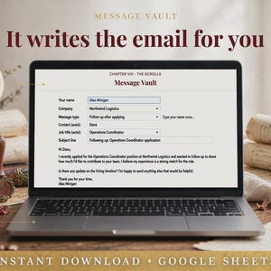 May include: A laptop displaying a Message Vault Google Sheets interface for email automation. The screen shows fields for name, company, and job title. Text includes It writes the email for you, Emails write themselves, 8 ready templates, and Names auto-filled.