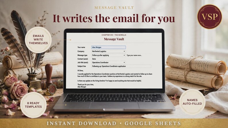 May include: A laptop displaying a Message Vault Google Sheets interface for email automation. The screen shows fields for name, company, and job title. Text includes It writes the email for you, Emails write themselves, 8 ready templates, and Names auto-filled.