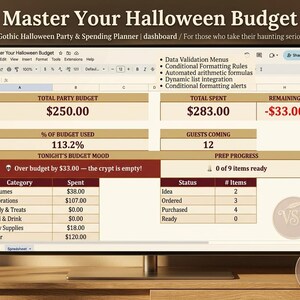 Puede incluir: Una hoja de cálculo digital titulada Master Your Halloween Budget en un monitor de computadora. La interfaz incluye secciones para el presupuesto total, gastos, fondos restantes, número de invitados y el progreso de los preparativos.