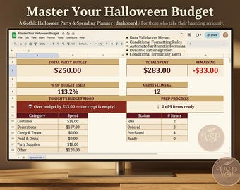 May include: A digital spreadsheet titled Master Your Halloween Budget displayed on a computer monitor. The interface includes sections for total party budget, spending, remaining funds, guest count, and prep progress with automated arithmetic formulas.