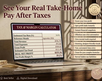 May include: A laptop displaying a Tax & Margin Calculator spreadsheet with fields for estimated tax rate, revenue, expenses, gross profit, tax owed, net profit, and margin. A list of features is shown on the right, including profit and tax insights.