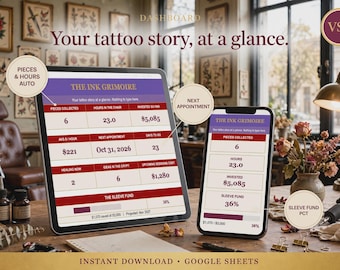May include: A digital dashboard titled The Ink Grimoire displayed on a tablet and smartphone, tracking tattoo statistics like pieces collected, hours in the chair, and investment. The interface features red and cream sections with text labels.