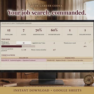 May include: A computer monitor displays a job search tracker spreadsheet titled The Career Codex with the text Your job search, commanded. The dashboard includes metrics for total jobs, active applications, response rates, and follow-up alerts.
