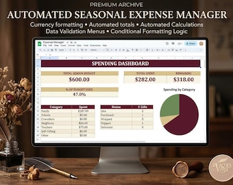 May include: A computer monitor displaying an automated seasonal expense manager spreadsheet. The screen shows a spending dashboard with a total budget of $600.00, total spent of $282.00, and remaining balance of $318.00, alongside a pie chart and data tables.