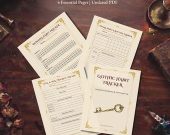 May include: A set of four printable habit tracker pages with cream-colored paper and gold ornate borders. The pages include a monthly habit tracker, a weekly habit and routine planner, a goal and skill progress tracker, and a cover page with a key graphic.