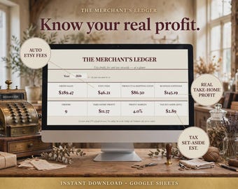 May include: A computer monitor displaying The Merchant's Ledger spreadsheet with financial data including gross sales of $289.47, Etsy fees of $46.21, product costs of $86.50, business expenses of $145.19, 9 orders, $11.57 profit, 4.0% margin, and $2.89 tax.