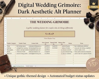 May include: A digital wedding planner spreadsheet titled The Wedding Grimoire, featuring a vendor tracker table with columns for vendor category, name, contact info, price quoted, deposit paid, balance due, status, and notes, displayed on a screen.
